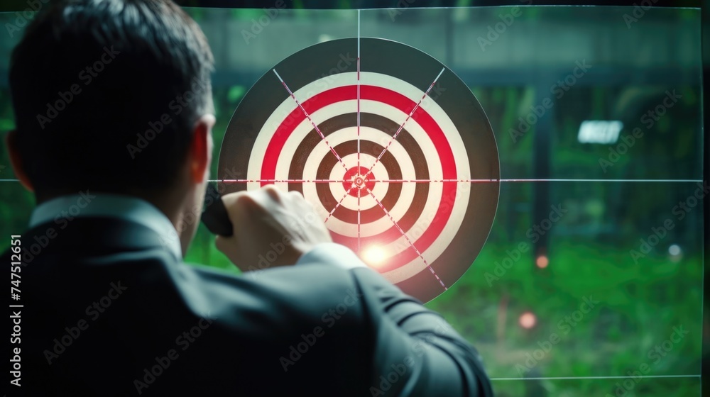 Poster a man in a suit focusing on a target. suitable for business concepts