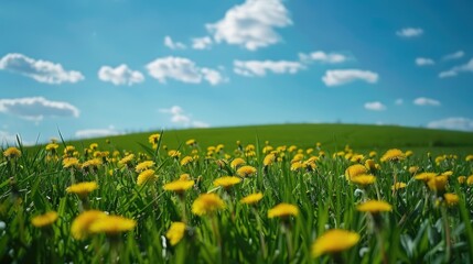 Beautiful field of yellow flowers under a clear blue sky. Ideal for nature backgrounds