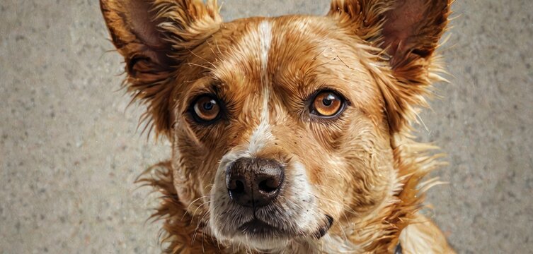a close up of a brown and white dog with wet fur on it's head looking at the camera.