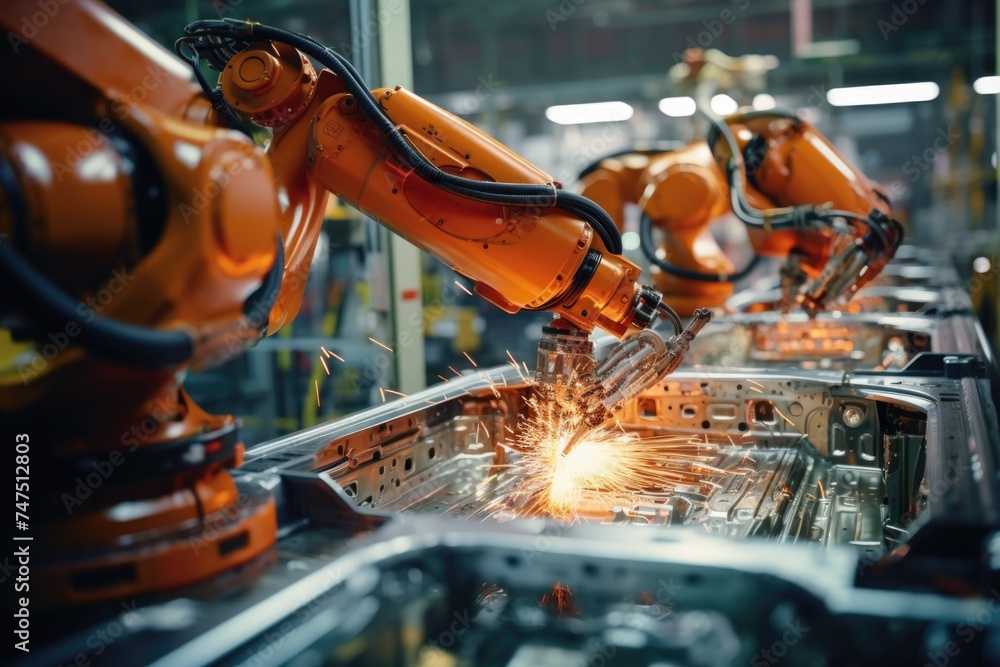 Poster group of robots working on a metal piece, suitable for industrial concepts
