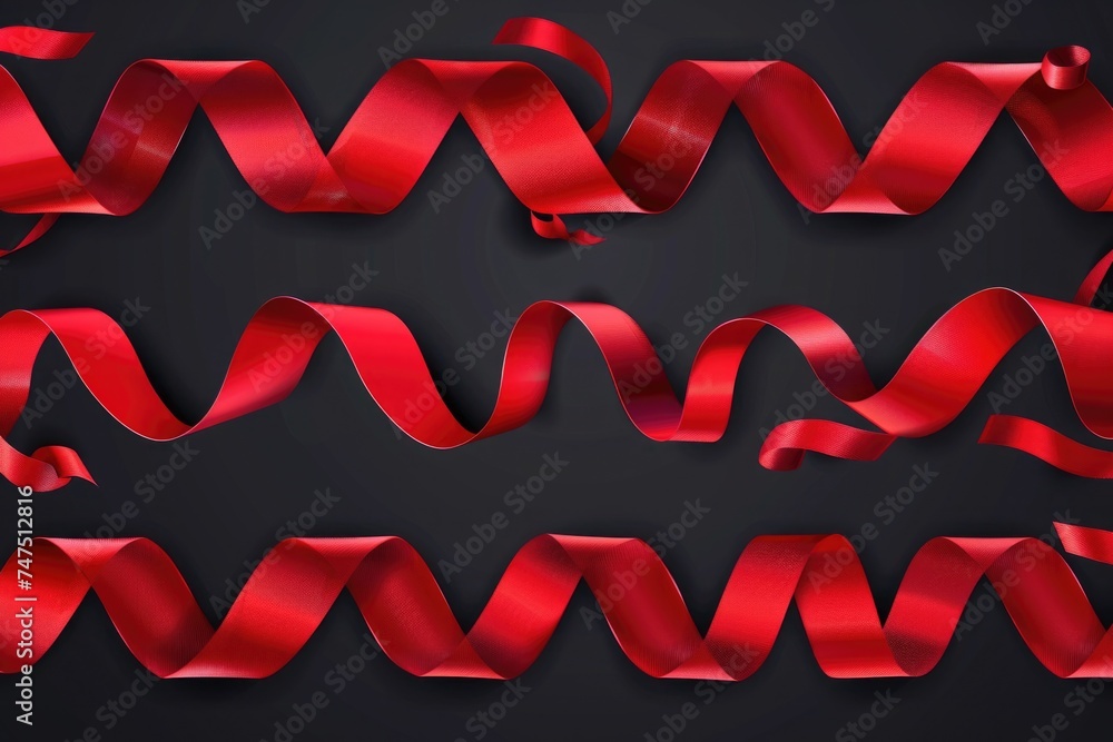 Poster A collection of red ribbons on a black background. Suitable for various design projects