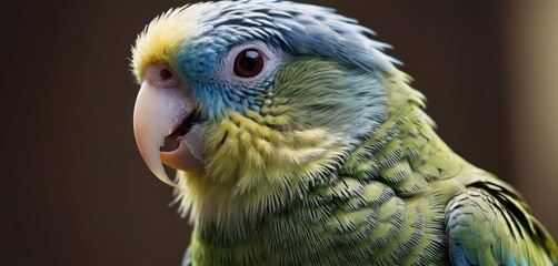 a close up of a parrot's face with a blurry background and a blurry background behind it.