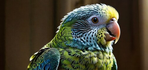 a close up of a green and blue bird with a red beak and a black and white stripe on it's face.