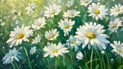 Oil Painting of Daisy Field with Textured Brushwork and Lively Greenery
