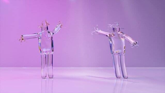 Animation of two air dolls dancing. Funny cartoon characters isolated on white background