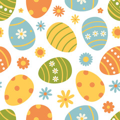 Seamless pattern with colorful easter eggs and flowers. Cute holiday texture. Vector flat illustration on white background