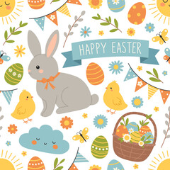 Seamless pattern with easter spring elements. Rabbit, chicken, eggs, basket, flowers, butterflies. Cute holiday background. Vector flat illustration
