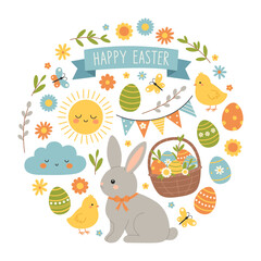 Obraz na płótnie Canvas Easter spring elements set in circular shape. Rabbit, chicken, eggs, basket, flowers, butterflies. Cute holiday collection. Vector flat illustration on white background