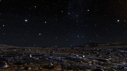 Naklejka premium Starry night over a rugged lunar landscape - A night sky full of stars above a desolate, moon-like landscape evokes a sense of wonder