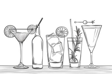 A variety of cocktails in a simple line drawing, perfect for menus or bar advertisements