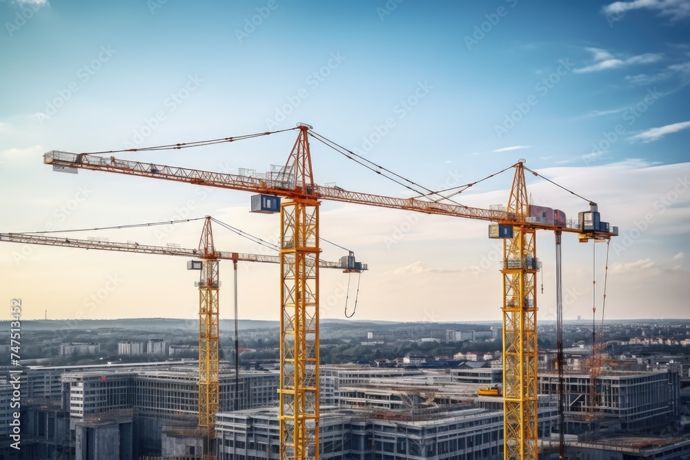 Sticker Construction cranes on top of a building, suitable for construction industry concepts