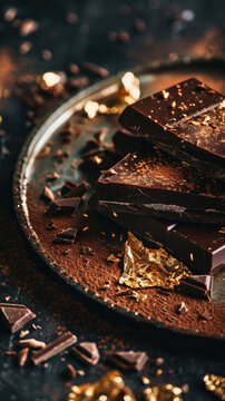 Succulent dark chocolate pieces on plate - Delicious dark chocolate pieces sprinkled with cocoa and gold leaf on a plate, showcasing a luxurious and indulgent sweet treat