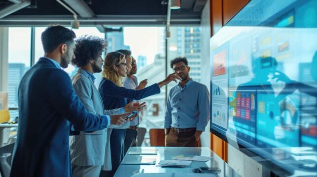 An engaged team of experts interacts with a futuristic digital interface during a strategy session in a contemporary office. AIG41