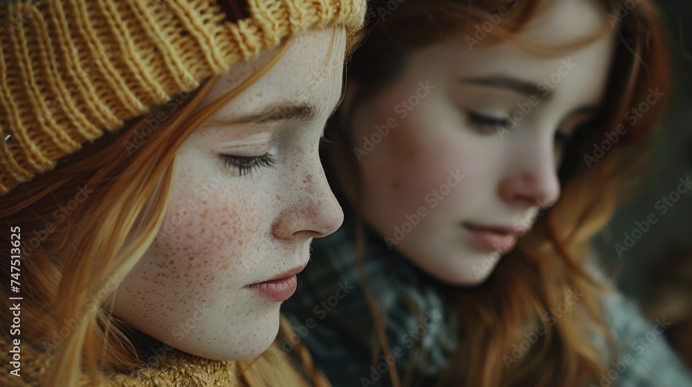 Poster close up of two girls looking at a cell phone. suitable for technology and communication concepts