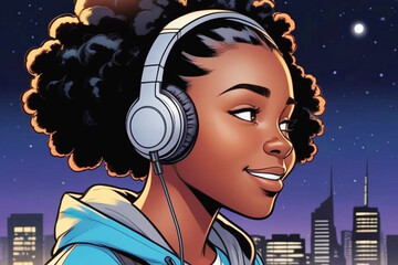 Happy black girl listening to music on headphones on the evening city background