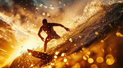 Surfer in action during golden sunset - A surfer catches a wave at sunset, with sparkling water droplets around