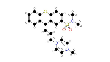 tiotixene molecule, structural chemical formula, ball-and-stick model, isolated image typical antipsychotic