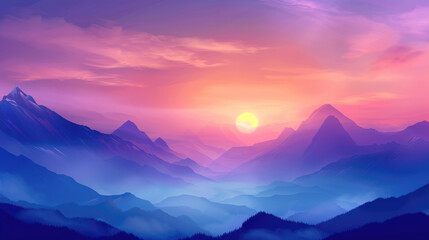 Surreal mountain landscape at sunset - Digital art of a vibrant sunset behind surreal mountain ranges with a tranquil atmosphere