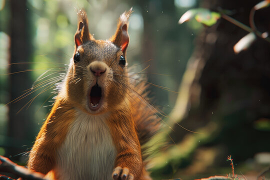 Surprised squirrel in a natural forest setting - A vivid close-up of a startled squirrel in its natural woodland habitat, expressing a dramatic sense of surprise