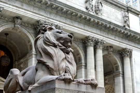 New York, USA; June 4, 2023: Patience the marble lion guarding the New York library, which contains a large number of books and has been the setting for movies.