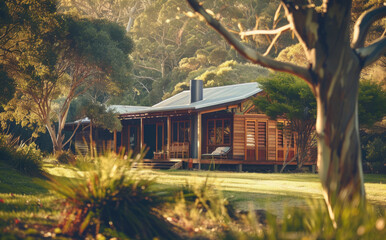 A small cabin in the middle of a beautiful green field. Suitable for nature and rural themes - Powered by Adobe