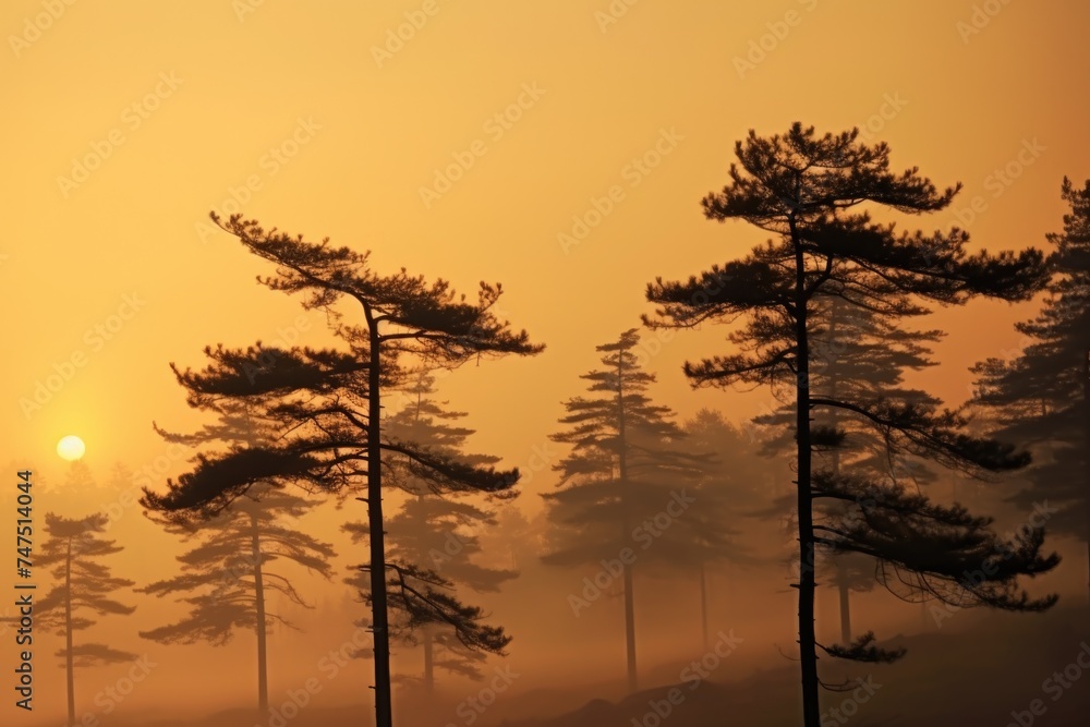 Poster Sun setting behind trees in fog. Great for nature themes