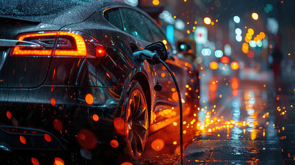 Close-up of an electric car being charged in the rain at dusk, with glowing city lights reflecting on wet surfaces.
