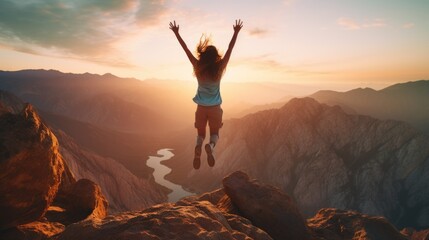 Exciting image of a person jumping on top of a mountain. Perfect for adventure and success concepts