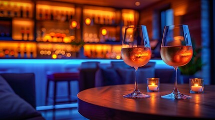 Romantic Evening with Wine Glasses on Bar Table. Generative ai