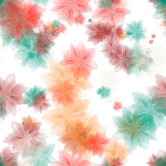 Dull red, green teal, apricot and coral pink transparent flowers on the white background. Seamless pattern. Pattern for wrapping, textile, print