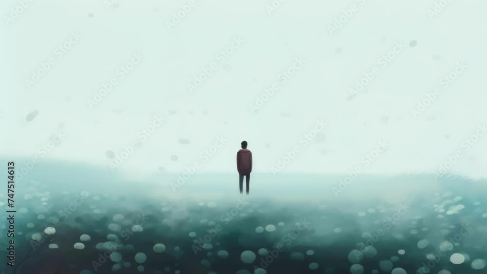 Aufkleber a person standing in the middle of a field of doubt with a fog of uncertnty growing around them. psy