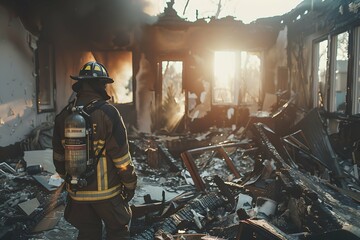 Firefighter amidst debris in a burnt down house. Aftermath of fire. Destroyed building. Fire department, emergency response, rescue operations concept. Heroism and bravery. Design for banner, poster - obrazy, fototapety, plakaty