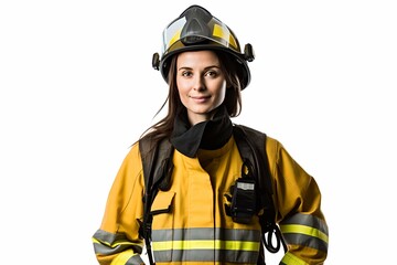 Fototapeta premium Smiling female firefighter in uniform isolated on white background. Fire department, emergency response, rescue operations concept. Heroism and bravery. Design for banner, poster