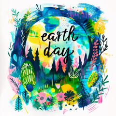Earth day painted poster. Hand lettering on globe, forest with trees and flowers. Save the planet design - 747514857