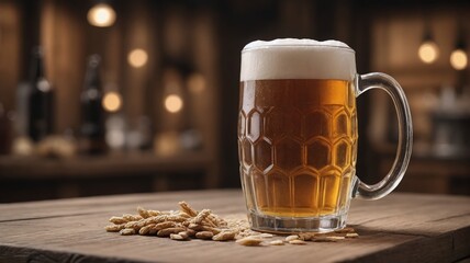 Mug Of Beer With Traditional Brewing Elements On Wood.
