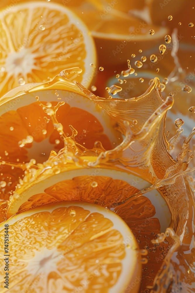 Poster close-up of vibrant orange slices with refreshing water splash. perfect for food and drink concepts