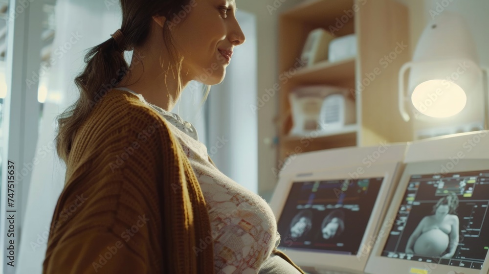 Poster woman standing in front of a laptop computer. suitable for technology and business concepts