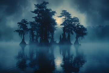 Foggy misty landscape with cypress trees and lake