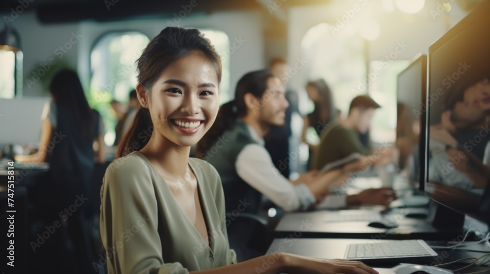 Poster A woman sitting at a desk in front of a computer. Suitable for business and technology concepts
