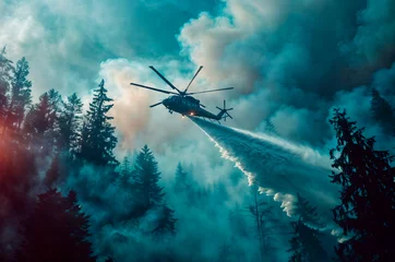 Poster Helicopter extinguishing forest fire. Wildfire and ecology disaster concept. Fire department, emergency response, rescue operations. Design for banner, poster © dreamdes