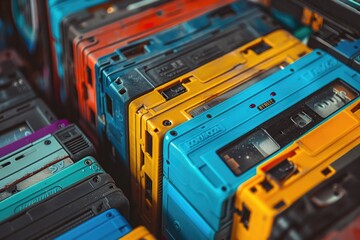 A pile of cassette tapes stacked on top of each other. Ideal for music and nostalgia concepts - obrazy, fototapety, plakaty