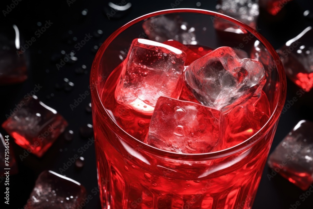 Poster a glass filled with ice cubes on a table. suitable for beverage or summer concepts
