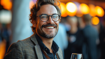 Happy businessman laughing while holding drink glass during networking event at convention center, sharing startup ideas and discussing new innovation at business conference 