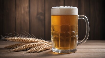 Glass Of Beer With Wheat On Wooden Backdrop.
