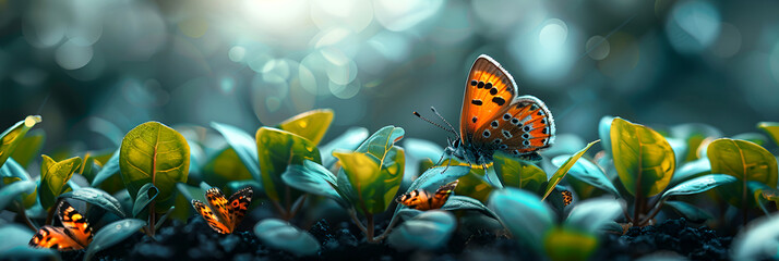 Spring card with young shoots of flowers and a butterfly for the holiday of the spring equinox, showing awakened nature. Banner suitable for design. - obrazy, fototapety, plakaty
