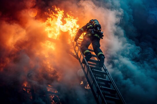 Firefighter climbing ladder to the fire. Burning industrial building. Fire department, emergency response, rescue operations concept. Heroism and bravery. Design for banner, poster.