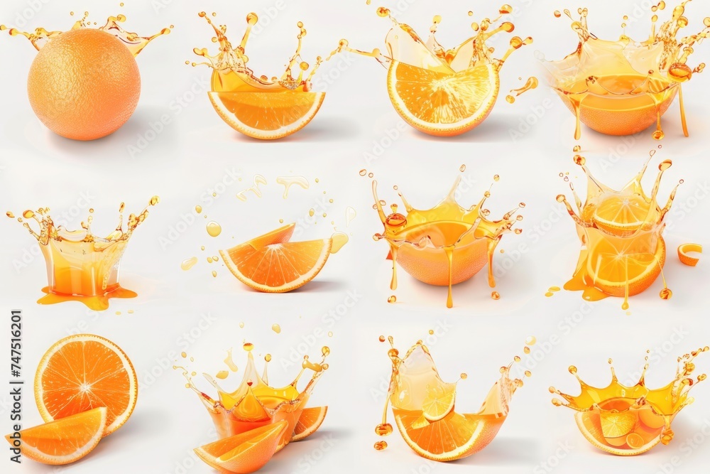 Poster fresh orange slices with splashes of juice, perfect for food and beverage concepts