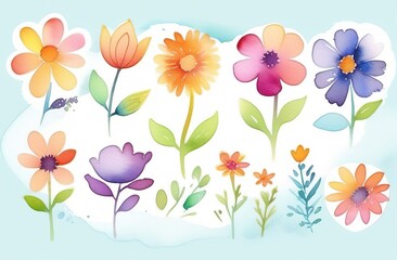 Watercolour set of flower elements, floral collection with petals and leaves on blue background. Watercolor decoration for wedding invitation, greeting postcard template.