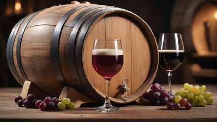 Beer And Wine Barrel With Glass Wine.