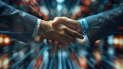 Close-up business handshake between business partners, on background technology, symbolizing unity, understanding and teamwork. Generative AI. - obrazy, fototapety, plakaty
